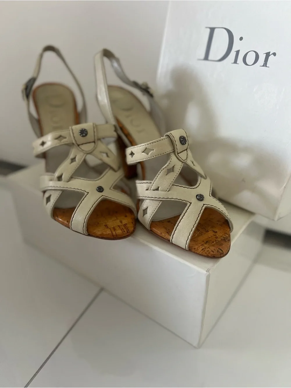 Dior Cream Leather Cork-Trim Slingback Heels
